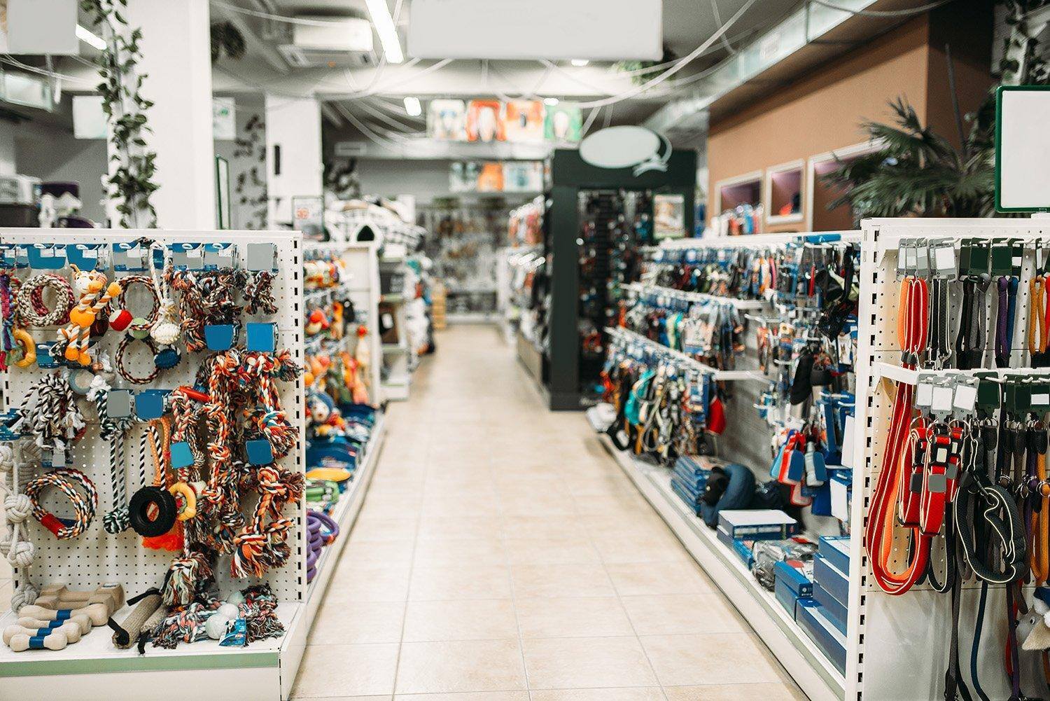 Pet store aisle showcasing essential items for new puppy owners, including toys, leashes, grooming tools, and more. Everything you need for your new dog.